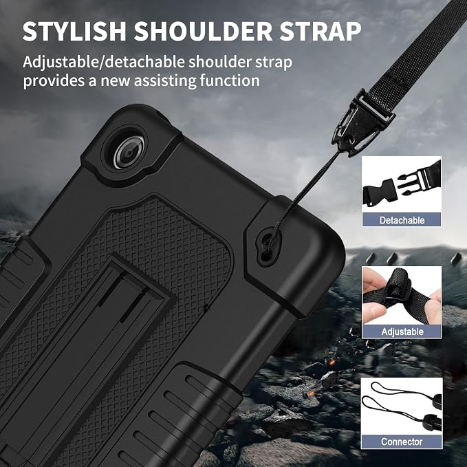 Tablet Case for Lenovo Tab One (TB305FU) 8.7 inch Shockproof Cover | with Tempered Glass Screen Protector &amp Strap &amp Kickstand for Lenovo Tab K9 8.7 inch 2025 (Model: TB305FU) (Black+2Pcs)
