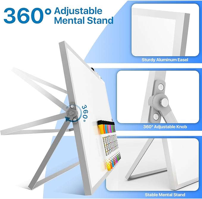 Dry Erase White Board with Stand,Double-Sided Weekly Whiteboard 16"x12", 10 Markers, 6 Magnets, 1 Eraser, Portable Desktop Whiteboard for Planning,Weekly Schedule Board for School for Home