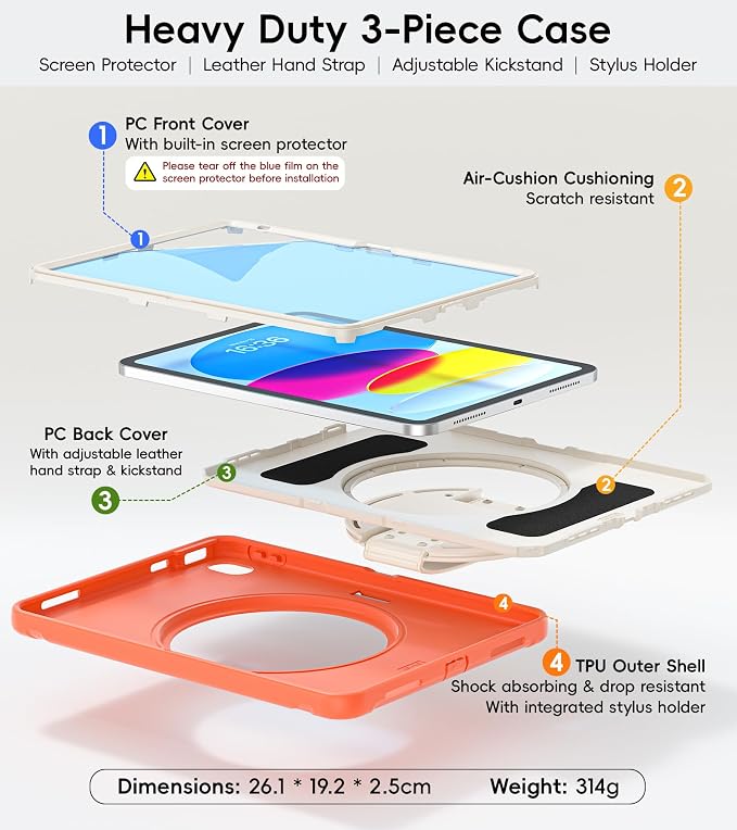BATYUE Shockproof Case for iPad 10th / 11th (A16) Gen 11 inch CoralOrange | 3in1 PC+TPU Heavy Duty Leather Hand Strap Adjustable Stand Screen Protector Pencil Holder Easy Clean Personal/Busine