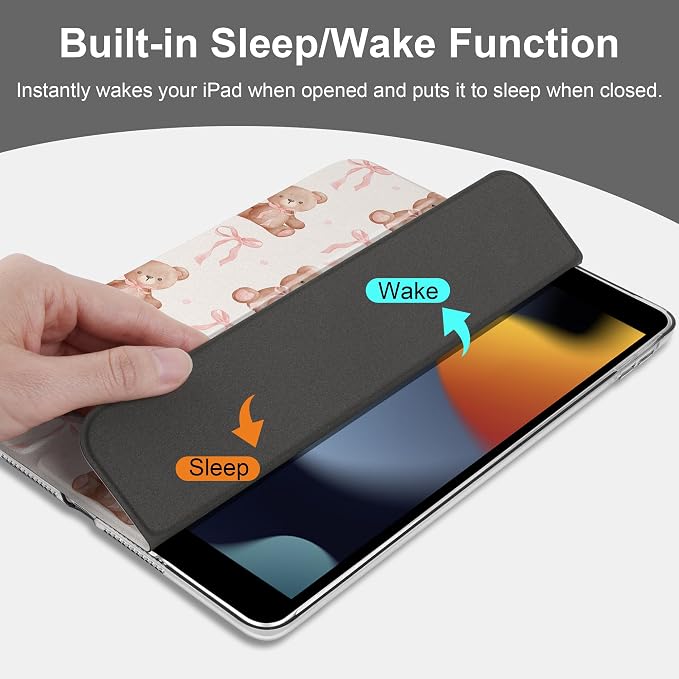 Compatible with iPad 10.2 Inch Case 2021 2020 2019 Smart Lightweight Trifold Stand Hard Plastic Transparent Cover Support Auto Sleep/Wake for iPad 10.2 9th/8th/7th Gen - Bear &amp Cherry