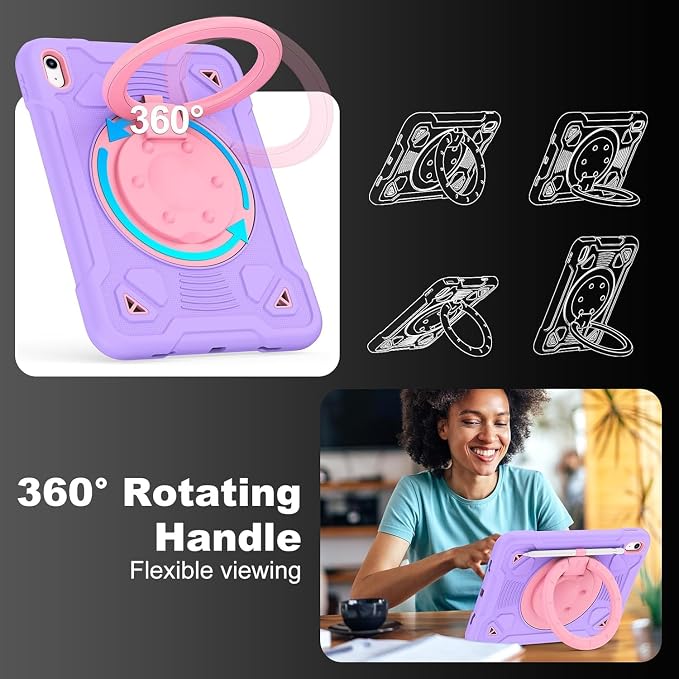 Case for iPad A16 11th / 10th Gen 10.9-Inch 360° Rotating Kickstand | Kids Shockproof Protective Cover with Handle Shoulder Strap &amp Pencil Holder Durable Silicone Case for Girls Black