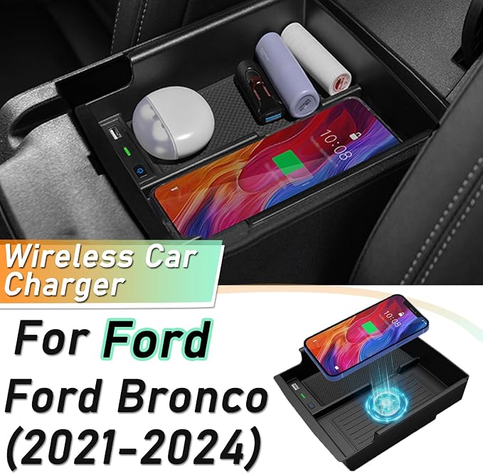 Wireless Car Charger for Ford Bronco (2021-2024) Wireless Charging Center Console Tray Interior Accessories 10w Wireless and USB Qc3.0 Fast Charging
