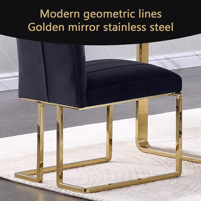 AUZ Dining Chairs Set of 8, Black Velvet Dining Chairs with Polished Gold Sled Legs, Modern Upholstered High Back Chairs for Kitchen and Dining Room