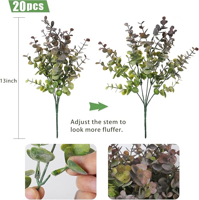 RECUTMS 20 Bundles Artificial Plants Outdoor Faux Plant Eucalyptus Stems Artificial Bushes Boxwood Bushes for Farmhouse Bathroom Office Vase Centerpiece Indoor Outdoor Decor(Dusty Purple)