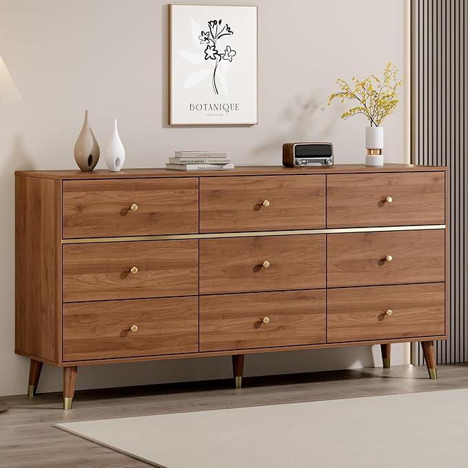 9 Drawer Dresser,63" Wide Mid Century Modern Chest of Drawers,Wooden Bedroom Drawer Dresser with 9 Storage Drawers for Bedroom, Living Room,with Anti-Tipping Device,Walnuts