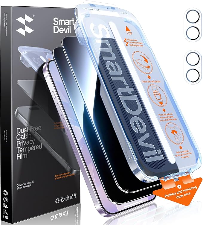SMARTDEVIL (3+3 Pack HD Clear Screen Protector for iPhone 14 Pro Max with 3 Camera Lens Protectors 9H Tempered Glass Shatter-Resistant SmartPull Dust &amp Bubble-Free Install Frame Case-Friendly