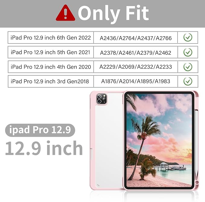 Clear Case for iPad Pro 12.9 inch 6th/5th/4th/3rd Gen 2022/2021/2020/2018 with Pencil Holder Lightweight Shockproof Trifold Stand Transparent Acrylic Back Cover Auto Wake/Sleep Black
