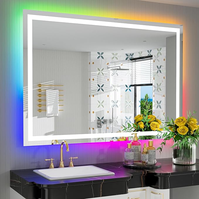 YEELAIT 51x40 Inch RGB LED Bathroom Mirror Front Light and RGB Backlit Lighted Vanity Mirror for Bathroom Wall Mounted Dimmable Anti Fog Memory Shatter-Proof IP54 Waterproof Horizontal/Vertical