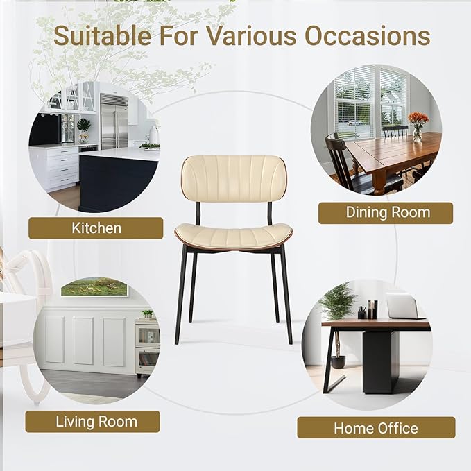 Mid Century Modern Dining Chairs Set of 2,Upholstered Faux Leather Kitchen Chairs with Walnut Bentwood Back and Metal Legs for Kitchen Dining Room Living Room, Beige