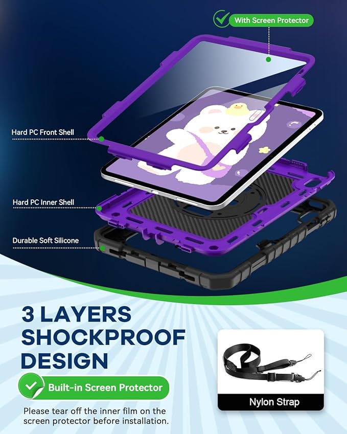 Cantis Case for iPad 11-inch (A16) 2025/ iPad 10th Generation 2022 (10.9 inch) with Screen Protector, iPad 11th Case with 360 Degree Rotating Stand/Shoulder Strap/Pencil Holder, Black+Dark Purple
