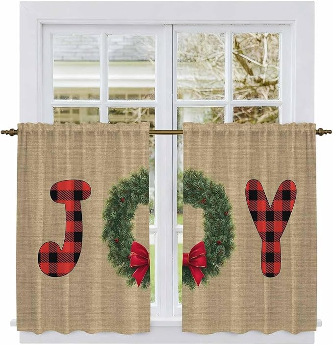Red Green Christmas Kitchen Tier Curtains 45 Inch Long 2 Panel Set, Rod Pocket