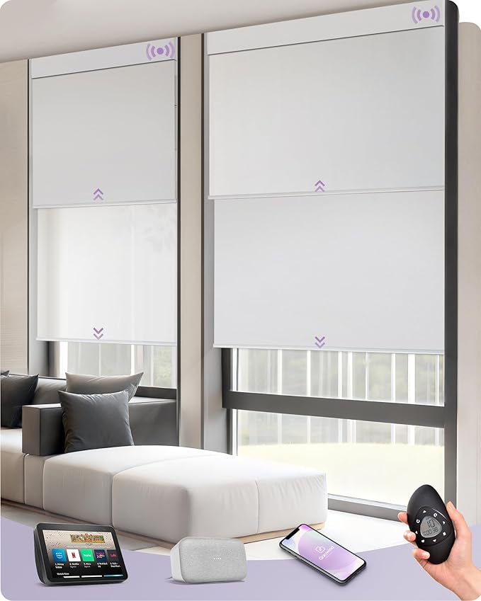 Graywind Motorized Dual Shades for Windows Smart Double Blinds Blackout and Sheer Motorized Blinds with Remote Alexa Google Control Day Night Shades, Custom Size (Blackout White)