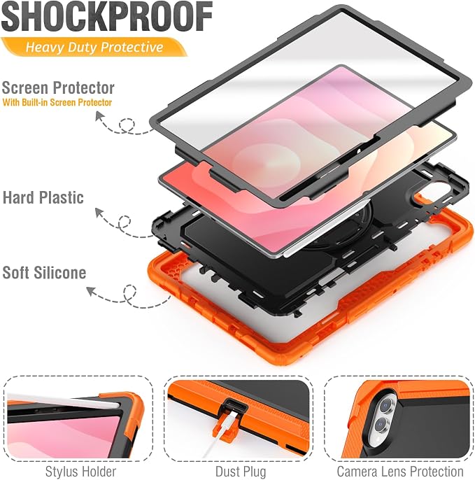HXCASEAC Case for Samsung Galaxy Tab S10+ Plus / S9 Fe+ / S9+ 5G 12.4 inch Protective with Screen Protector/S Pen Holder/ 360 Rotating Stand Hand Strap - Black
