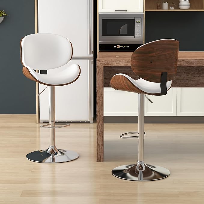 KCC Bar Stools Set of 3, Swivel Adjustable Height Barstools, PU Leather Upholstered Bar Chairs with Footrest, Bentwood Bar Stool for Kitchen, Bar, Dining Room(White PU)