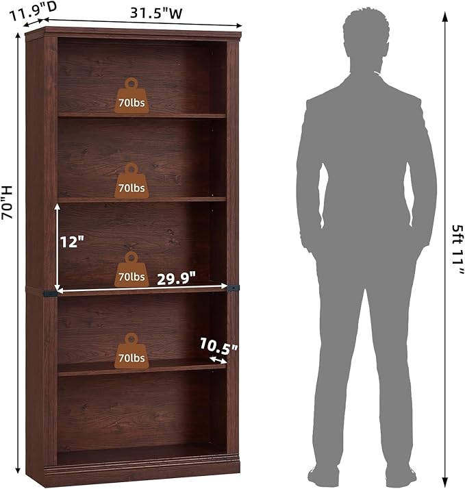 70" Walnut Tall Bookshelf Set of 4,5-Tier Thick Wooden Book Shelf with Adjustable Shelves,Free Standing Farmhouse Bookcase with Open Display Storage,Floor Vintage Bookshelves for Living Room