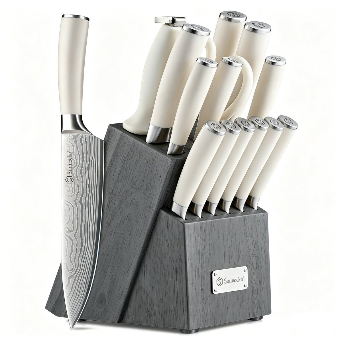 Knife Set with Block and Sharpener, 15 Piece Kitchen Knife Block Set