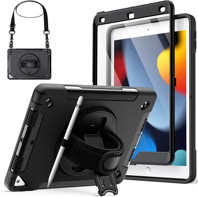 JETech Rugged Case for iPad 9th/8th/7th Gen 10.2 Black | Built-in Screen Protector 360° Rotating Hand Strap Stand Heavy Duty Shockproof Protection