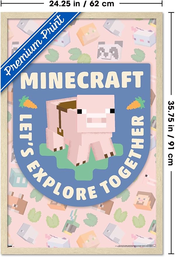 Trends International Minecraft - Let's Explore Together Wall Poster, 34L x 22.4W, Blonde Framed Version