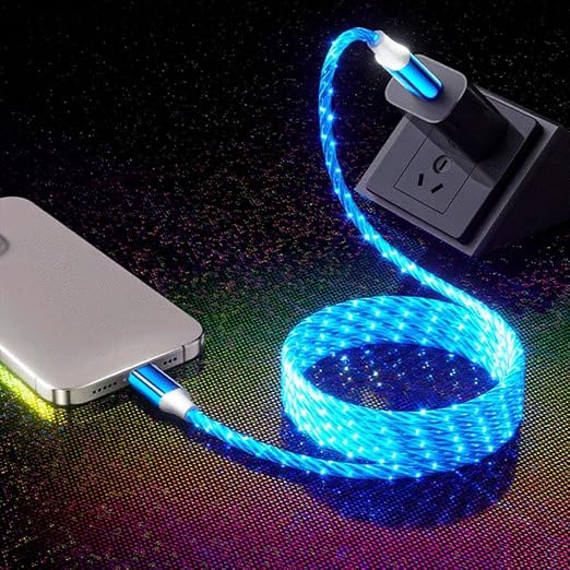 IHAO Multi Ports Light-Up USB Cable USBA to USBC/MicroUSB Cable Durable Fast Charging Cable with Visible Current Flow As Night Light Use-3in1 Blue