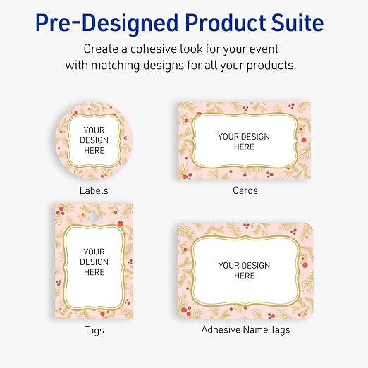 Avery Printable Christmas Adhesive Name Badges, Rectangle, 2-1/3" x 3-3/8", Pre-Printed Pink & Metallic Gold Border with Holly Design, Matte White, Laser & Inkjet Compatible, 80 Total