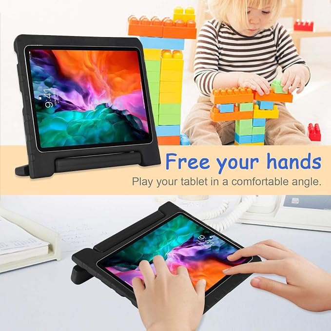 Kids Case for iPad Pro 11 M5/M4 &amp iPad Air 11 (2026/2025/2024) Shockproof Case with Pencil Holder Techcircle Light EVA Foam Handle Stand Bumper Protective Child Friendly Drop Proof Cover Black