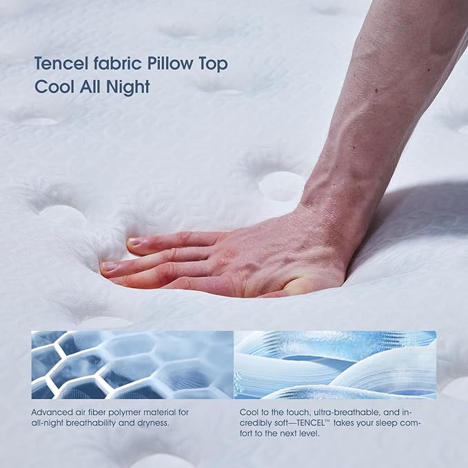 14 Inch Queen Size Mattress, Medium Firm Hybrid Bed with Tencel Cooling Cover, Gel Memory Foam, Dual Pocket Springs, Pressure Relief, Motion Isolation, CertiPUR-US Certified, No Fiberglass