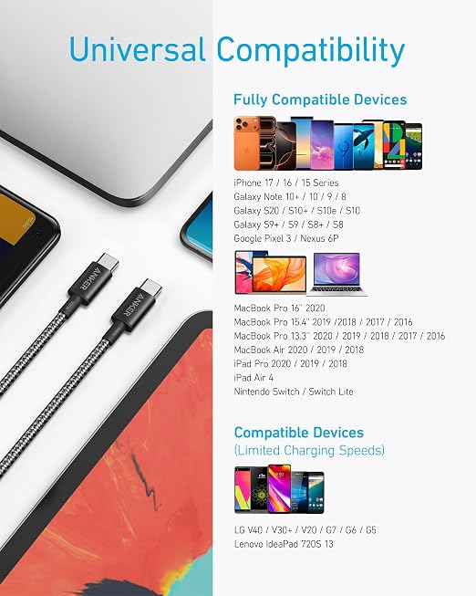 Anker USB C to USB C Cable 100W Fast Charging Cable (2-Pack 10 ft Black) | For iPhone 17 Series MacBook Pro 2020 Pixel and More (Not for Video Output)