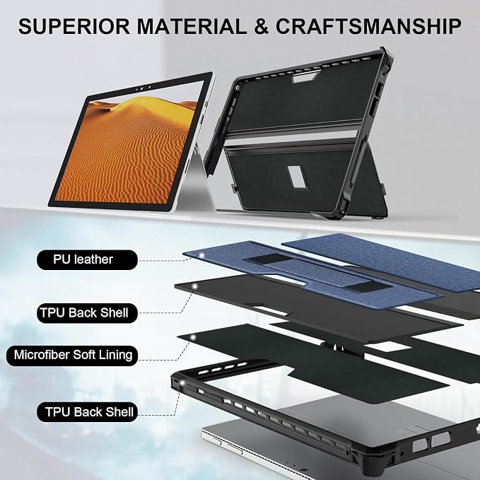 Case for 12.3 Microsoft Surface Pro 7+/7/6/5/4 Protective Rugged Cover Case with Surface Pen Holder and Hand Strap Compatible with Surface Pro Type Cover Keyboard (Black)