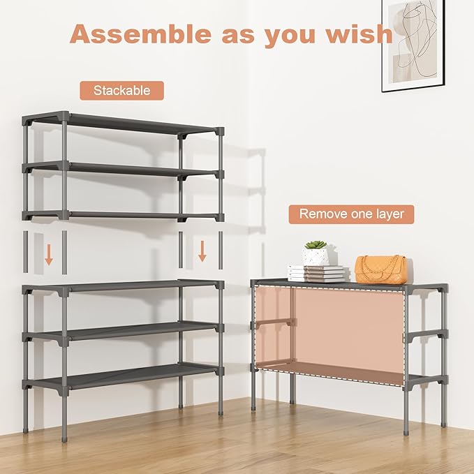 34" Widening Design Shoe Rack for Closet 16 Pairs Small Spaces Non-Woven 3 Tier Shoe Organizer Stackable Metal Shoe Shelf for Entryway, Bedroom Grey