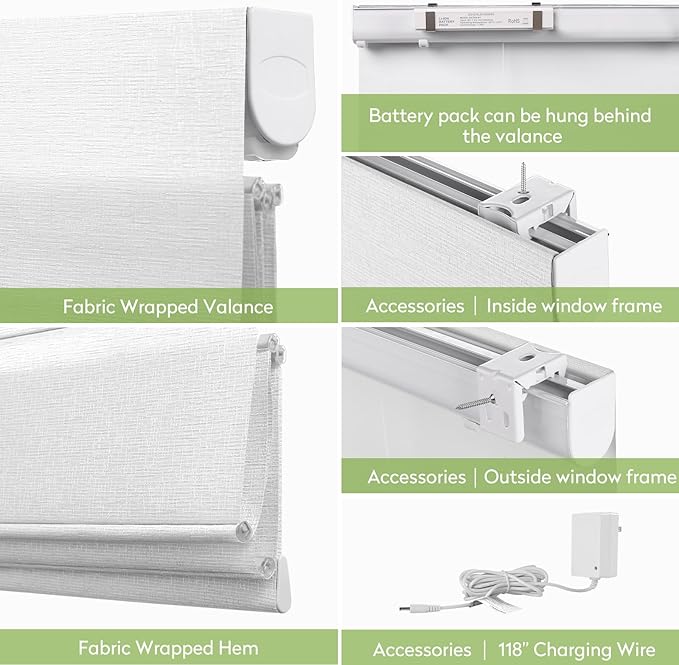 ZSTARR Smart Roman Shades Rechargeable Motorized Blinds with Remote Light Filtering Roman Window Shades Plain Fold Soft for Doors Bedroom, Custom Size (Sheer White)
