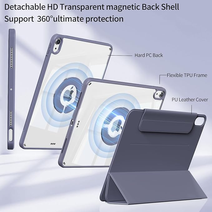 Detachable Case for iPad A16 11th Gen 2025 &amp iPad 10th 2022 Black | Slim Clear hard back TPU frame folio stand Pencil holder and auto wake/sleep for daily school work and light travel use