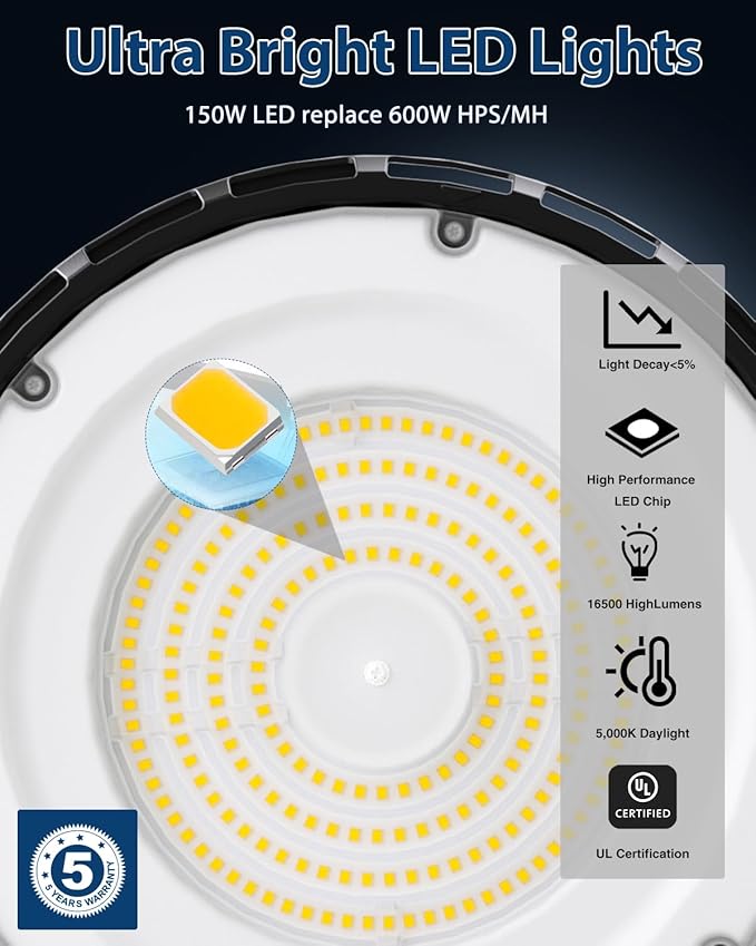 150W 10 Pack UFO LED High Bay Light, High Bay LED Shop Lights for Warehouse Workshop, 16,500LM, 5000K Daylight, Highbay LED Shop Lights Plug & Play, IP65 Waterproof UL Listed