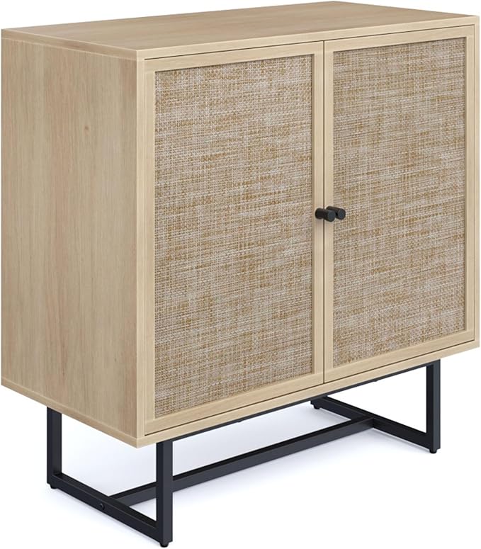 Nathan James Kova Rattan Wood Accent Sideboard Storage Cabinet TV Stand with Matte Metal Frame, Adjustable Shelves and Cane Doors, for Hallway, or Living Room, Light Oak/Cane/Black, Set of 3