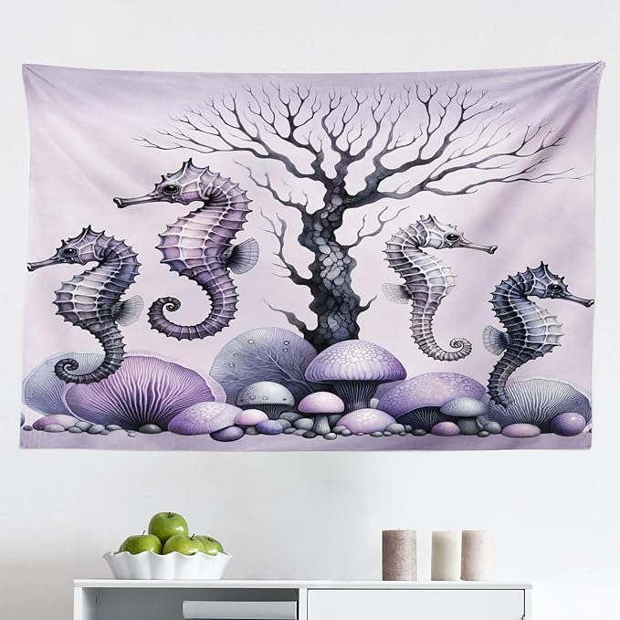 Ambesonne Purple Tapestry, Dried Tree with Mushrooms in Lilac Color Palette and Huge Seahorse Prints, Fabric Wall Hanging Decor for Bedroom Living Room Dorm, 45" X 30", Mauve and Lavender