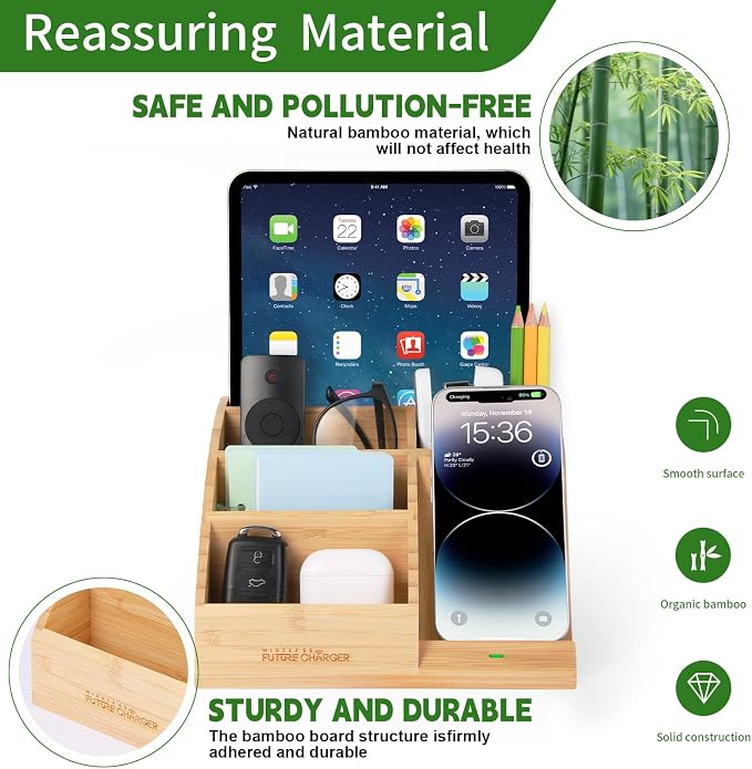 Bamboo Pen Holder for Desk &amp Nightstand Organizer with Fast Wireless Charging for iPhone Samsung &amp More – Office Desk Accessories for Men/Women (Bamboo)