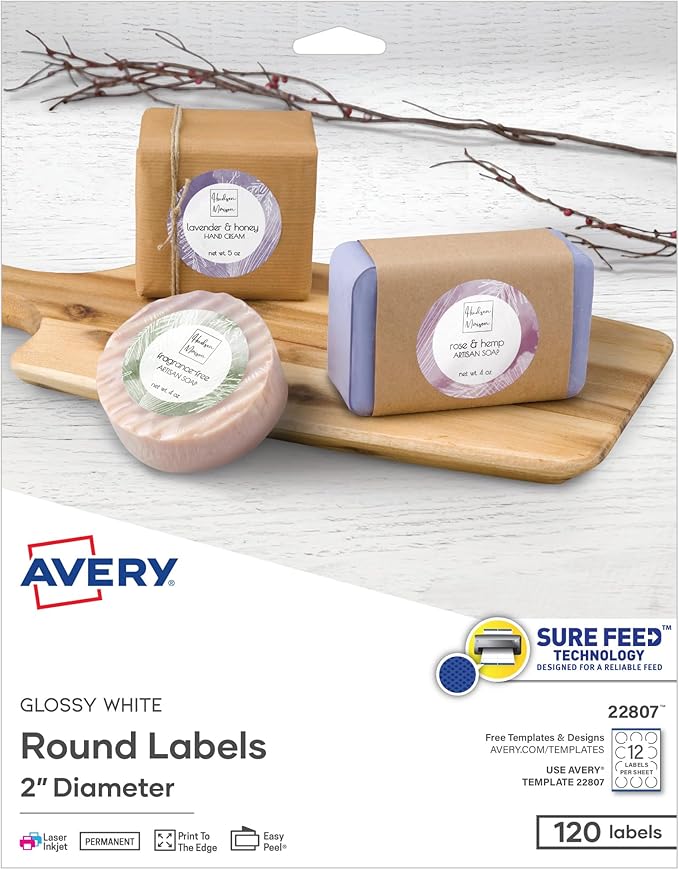 Avery Printable Round Labels with Sure Feed, 2" Diameter, Glossy White, 600 Customizable Labels (22807)