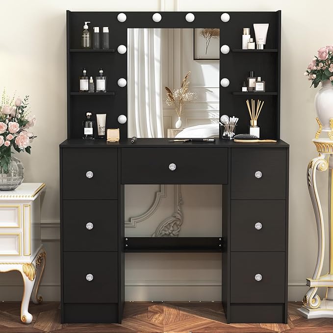 JBLCC Black Vanity Desk with Mirror and Lights, 39.4''W Makeup Vanity with 3-Color Lighted Mirror, 7 Drawers & Open Shelves, Big Vanity Table for Bedroom, Girls & Women