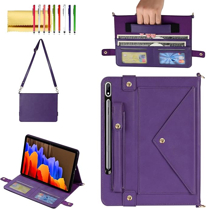 Handbag Case for Samsung Galaxy Tab S10 FE/S9 FE 10.9/S9/S8/S7 11 Techcircle Folio Stand Crossbody Wallet Protective Cover with S Pen Holder &amp Card Slots Hand Strap &amp Shoulder Strap Black