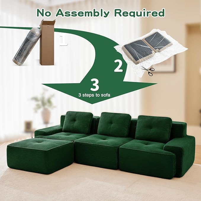 115" Modern Corduroy Cloud Sofa with Ottoman, L Shaped Boneless Modular Large Sectional Couches for Living Room, Green 3 Seater Compressed Memory Foam Couch, Extra Deep Seat, No Assembly