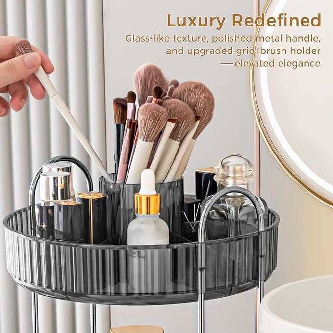 360° Rotating Makeup Organizer, Upgraded 3 Tier Skincare Perfume Organizers for Women, Bathroom Organizer Countertop, Clear Cosmetic Dresser Organizer with Makeup Brush Holder, Sink&Counter(Grey)