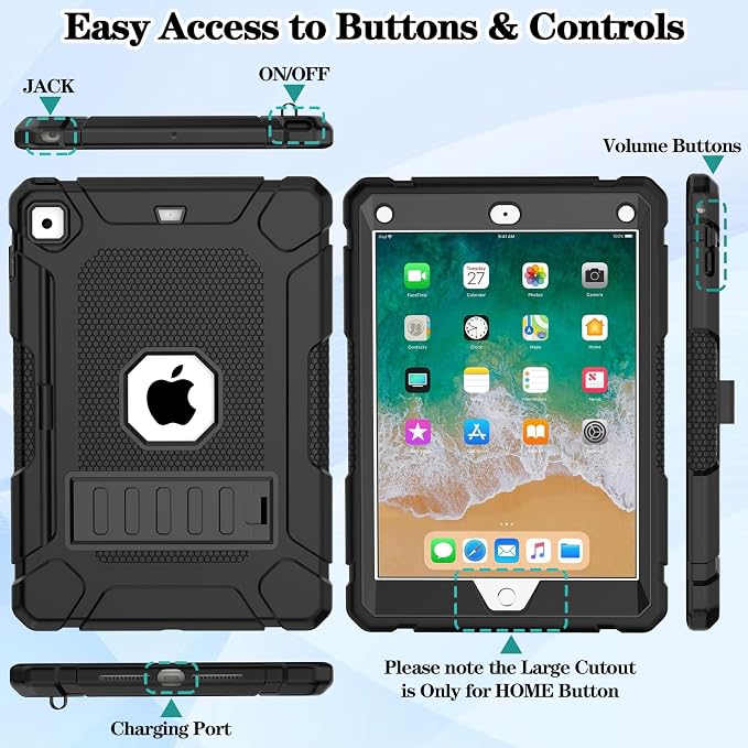 LTROP Case for iPad 6th 5th Generation (9.7 inch 2018/2017) Shockproof Protective iPad 9.7 Case with Built-in Stand/Pencil Holder for iPad 6th/5th Gen Air 2 Black