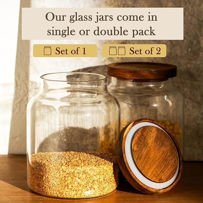 Labina Glass Storage Container Airtight Food Jars Kitchen Canister with Wood Lids, 60 Oz Wide Mouth Pantry Organization Glass Jar for Flour, Sugar, Cookie, Spagetti, Nuts and Candy (2 Pack)