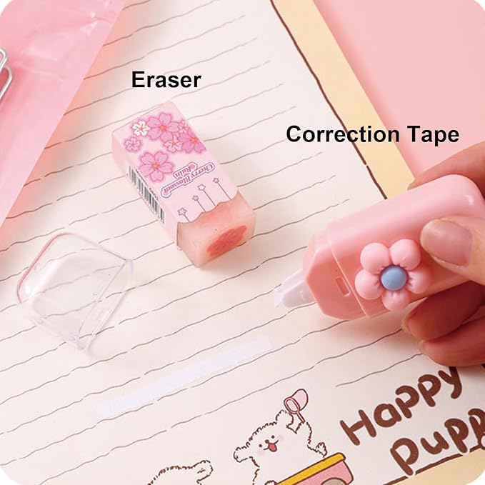 7 Pcs Cute Pink Stationery Set Kawaii School Supplies Office Supplies Including Ballpoint Pens Pencil Sharpener Highlighter Correction Tape Ruler Utility Knife (Pink)