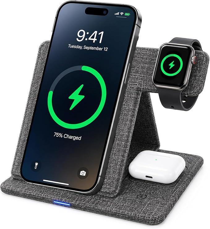 3 in 1 Wireless Charging Station Foldable Wireless Charger Stand for iPhone 15/14/13/12 Apple Watch Series 9/8/7/6/5/4/3/SE AirPods Pro 2/3 Fabric Portable Travel Charger Dock (Black)