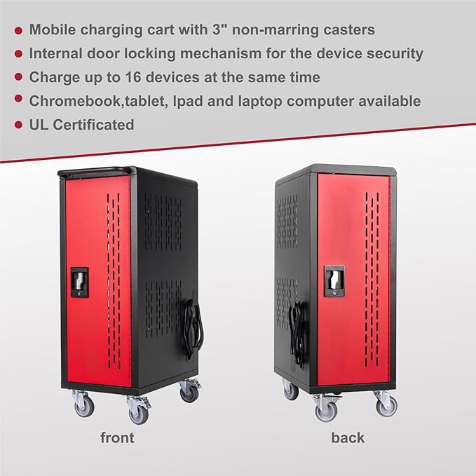 16 Device Mobile Charging Station for Laptops/Tablets/iPads/Chromebooks,16 Bay Lockable Charging Cabinet with Power Strip for Classroom,School Charging Carts with Casters