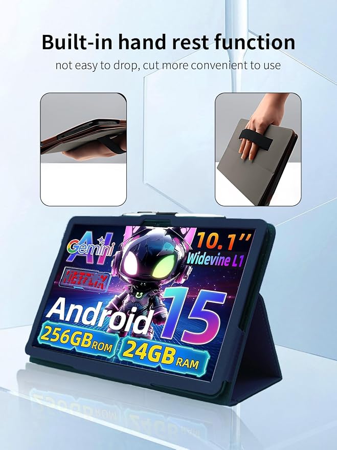 Case for VekfulPC T20 Tablet 10 Inch Android 15 TabletUYRUREL Leather Slim Folding Stand Cover with Hand Strap Magnet for Men Women Full ProtectionBlack.