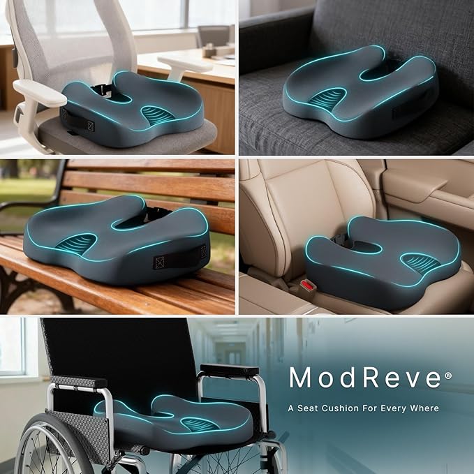 Large Memory Foam Seat Cushion for Office Chair, Car, Desk, Truck & Wheelchair - Tailbone, Coccyx & Sciatica Pain Relief Pillow - Ergonomic Back Support Portable Pad for Long Sitting & Driving