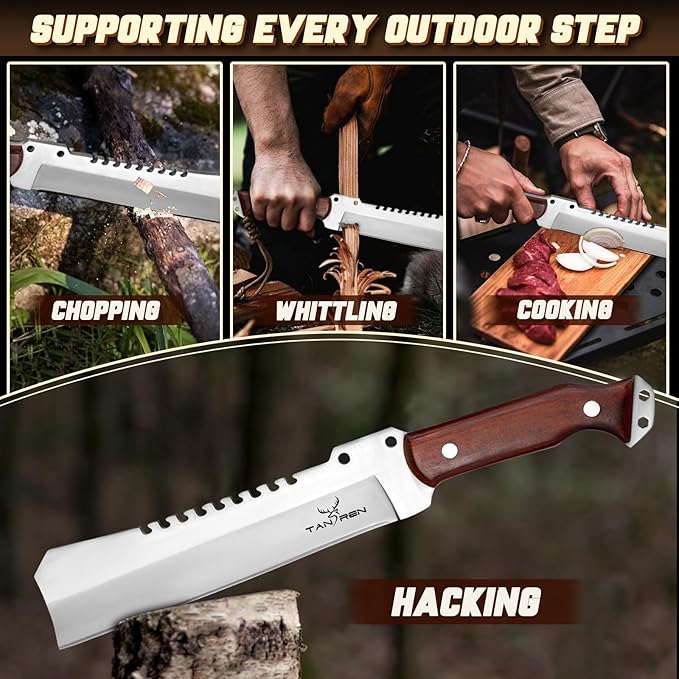 TAN REN Machete for Cutting Trees Heavy Duty, Survival Machete with Sheath for Yard Work, Full Tang Fixed Blade Knife with Wood Handle, Camping Machetes Heavy Duty, Clearing Brush and Gardening