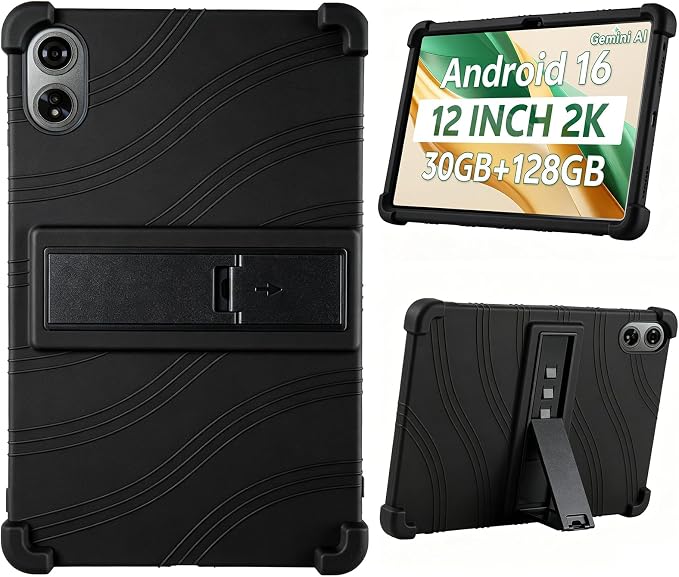 Silicone Case for SVITOO Tab 12 Inch Tablet Android 16 Tablet 12 InchSoft Friendly Adjustable Stand Cover for SVITOO 12 Tablet (Black)