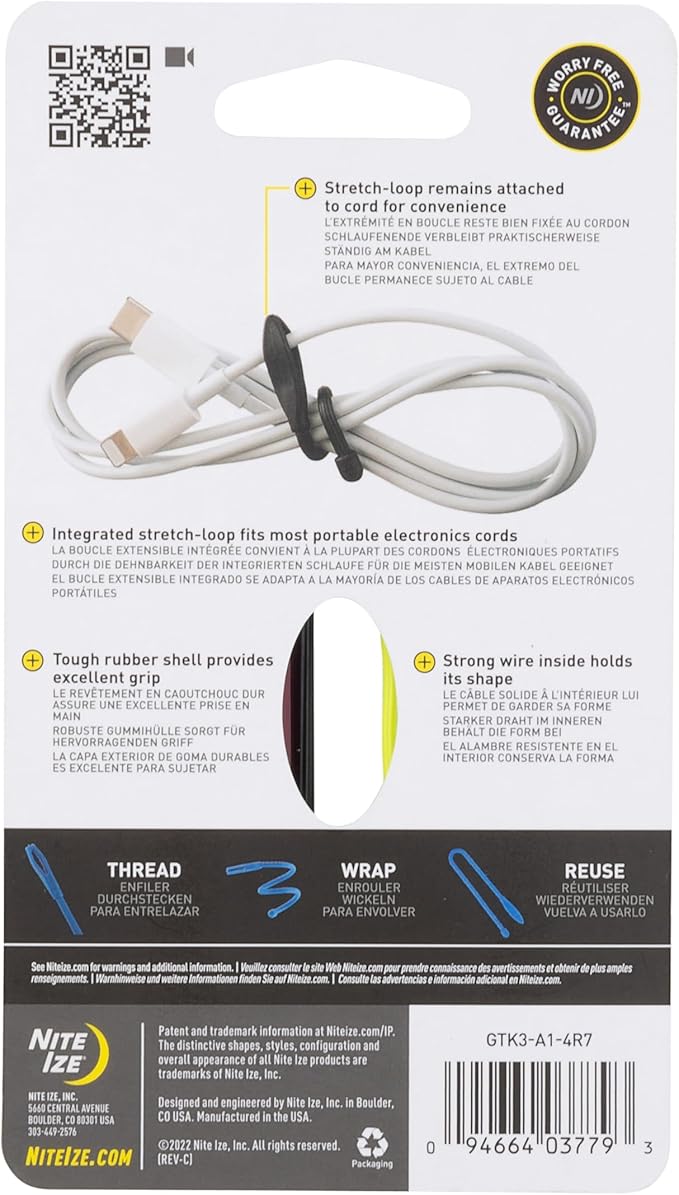 Nite Ize Gear Tie Cordable, The Original Reusable Rubber Twist Tie with Stretch-Loop For Cord Management + Storage, 3-Inch, Assorted Colors, 4 Pack, Made in the USA